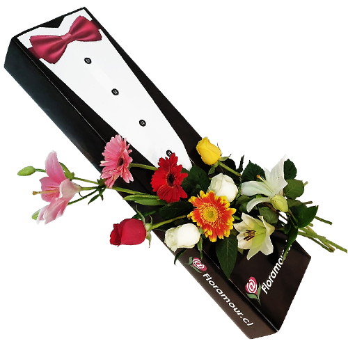 Exclusiva caja con rosas liliums, gerberas y complementos